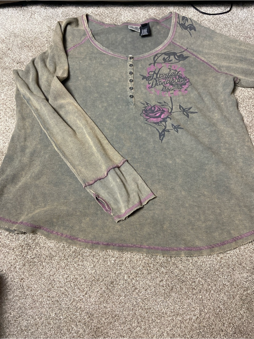 2W- Harley-Davidson Olive Thermal Henley with Pink Trim and Rose Graphic